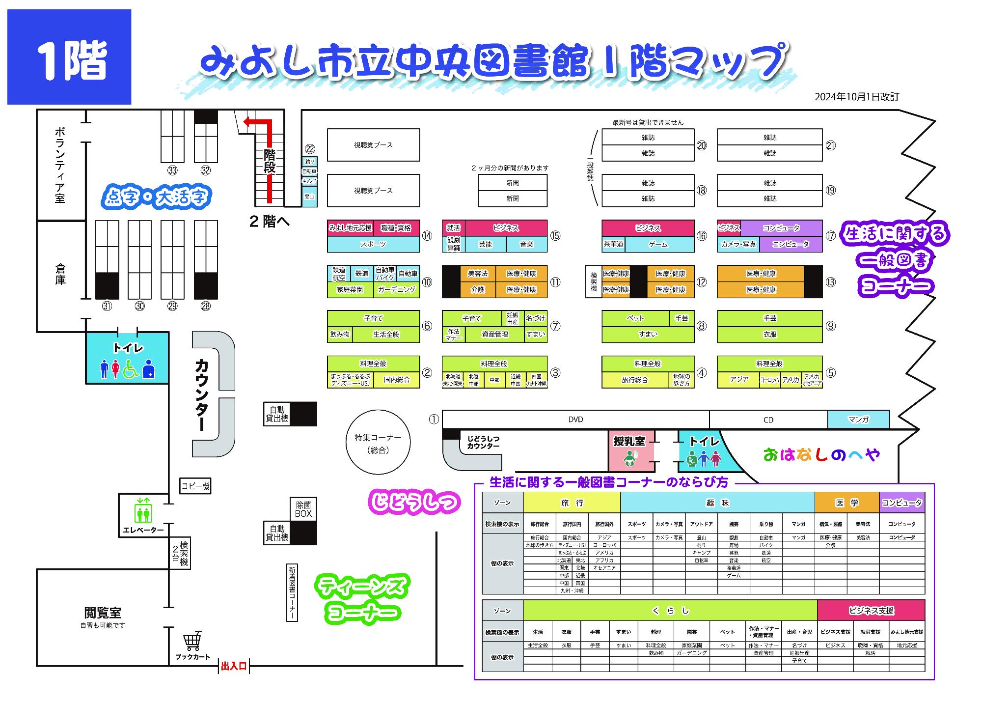 中央図書館1階のフロアマップ(生活コーナー)