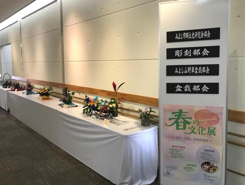 みよし市郷土史研究部会、彫刻部会、みよし山野草盆栽部会、盆栽部会、春の文化展と書かれた案内板の奥の、白い布で覆われた長机に花々の作品が展示されている写真