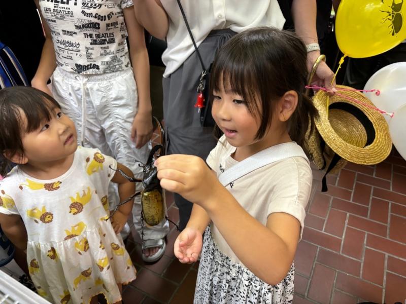 カブトムシを手に持っている女の子とそれを横で見ている女の子の写真