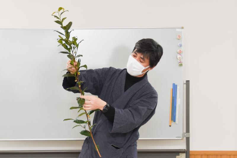 作務衣姿の講師の野場義尊さんがお茶の木を見せながら、説明をしている写真