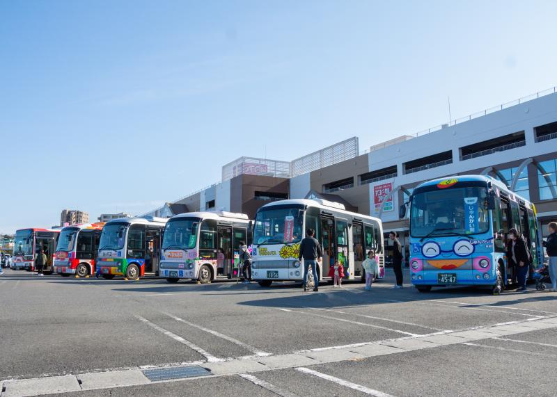 正面に顔のイラストが描かれたバス、ヒマワリが描かれたバスなど、6台のバス車両が展示されている写真