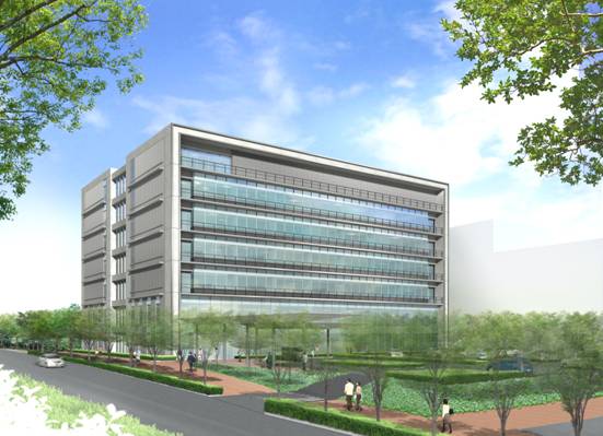 道路脇に街路樹がたくさん植えてある横に6階建ての新庁舎のイラスト