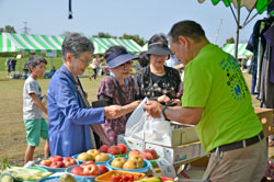 新鮮な果物や野菜が並ぶ販売コーナー