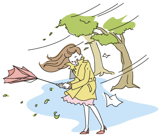 風により木々が大きく揺れ、女性が差している傘が曲がっているイラスト