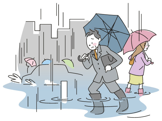 大雨で道路の水が増殖している中を傘を差し長靴を履いたスーツ姿の男性のイラスト