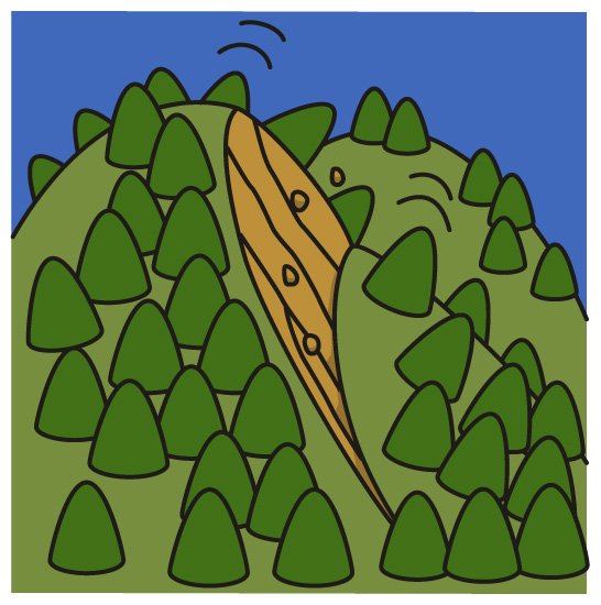 木々が生えている山が二つに割れ地すべりを起こしているイラスト