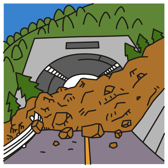 地すべりしてきた土石がトンネルの入り口付近を塞いでいるイラスト