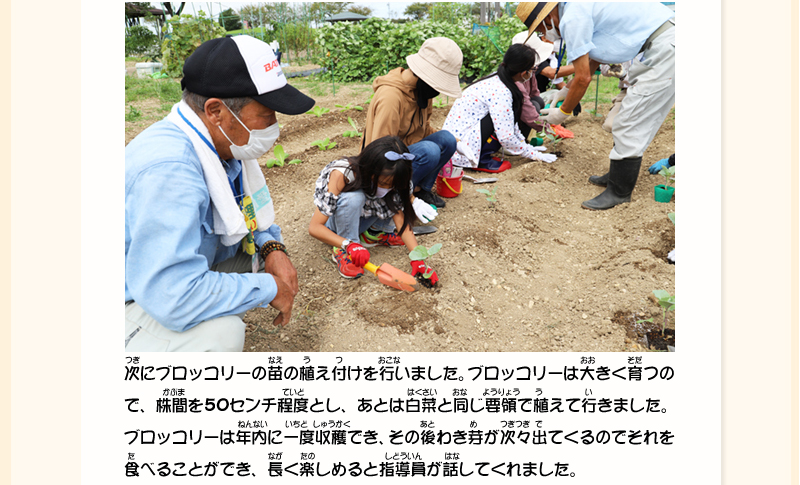女の子が講師に見守られながら、シャベルで苗を植えている写真