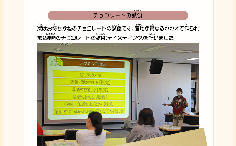 「テイスティングの仕方」と書かれたスクリーンの横で稲垣さんが参加者たちに説明をしている写真